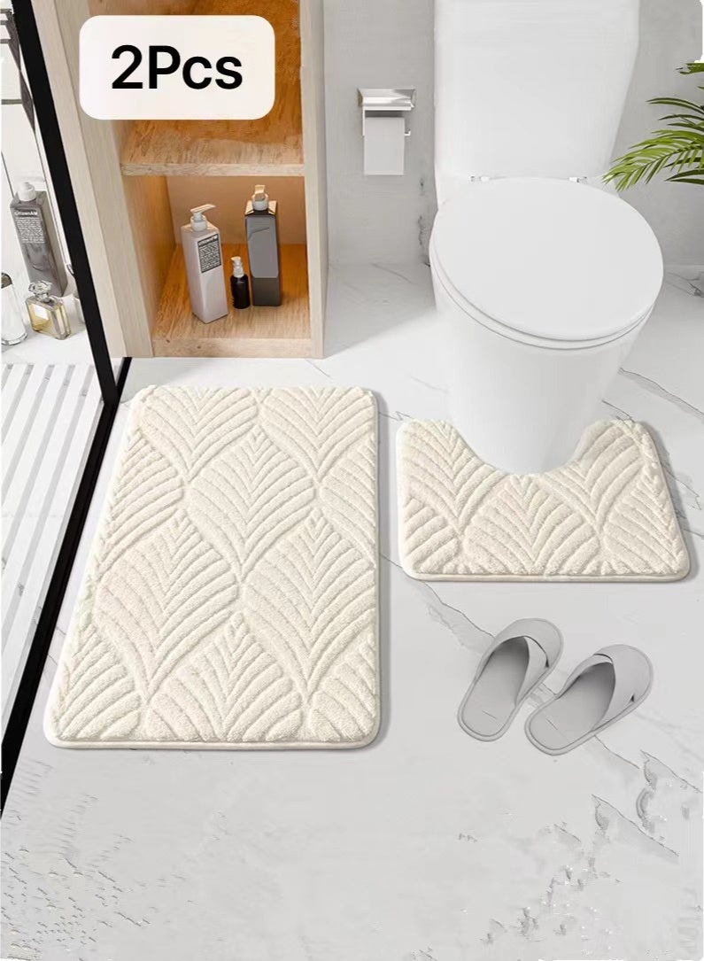Kutis سجاد حمام غير قابل للانزلاق من كوتيس، مجموعة من قطعتين، سجاد حمام سريع الجفاف، سجاد عالي الامتصاص لحوض الاستحمام، المرحاض وأرضيات الحمام، بوليستر أبيض 80x50 سم و 50x40 سم - Image 1