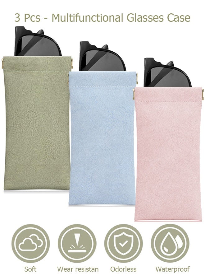 دبليو أف أف أو حافظة نظارات بحجم 3 قطع - حافظة نظارات جلدية مقاومة للخدش ومحمولة - حافظة نظارات جلدية ناعمة - حافظة نظارات سفر للنساء والرجال - أزرق/وردي/أخضر - Image 1