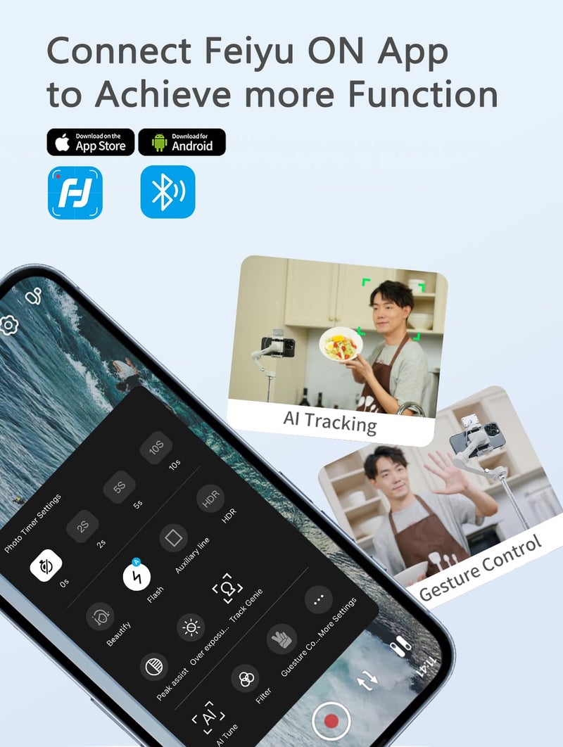 FeiyuTech Vb 4 Smartphone Gimbal With 8.4''Extendable Rod,Ai Tracking,Gesture Control,Foldable&Portable Gimbal Stabilizer For Vlog Youtube Tiktok Live Video Record,Iphone&Android,Max 0.57Lb,Black - Image 4