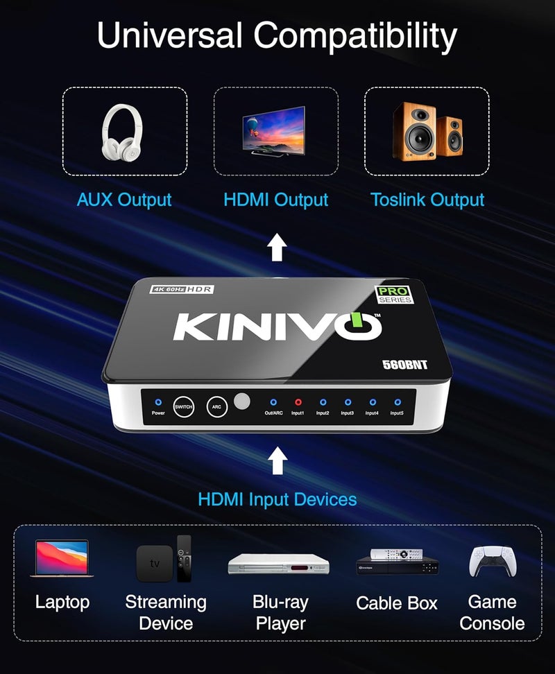 Kinivo HDMI Switch with Audio Extractor 560BNT (5 in 1 Out Hub, Toslink Optical Audio Port, SPDIF, 4K 60Hz Switcher, 18Gbps, IR Remote) - Compatible with Gaming Console, Cable TV, PC, Dolby Digital - Image 3