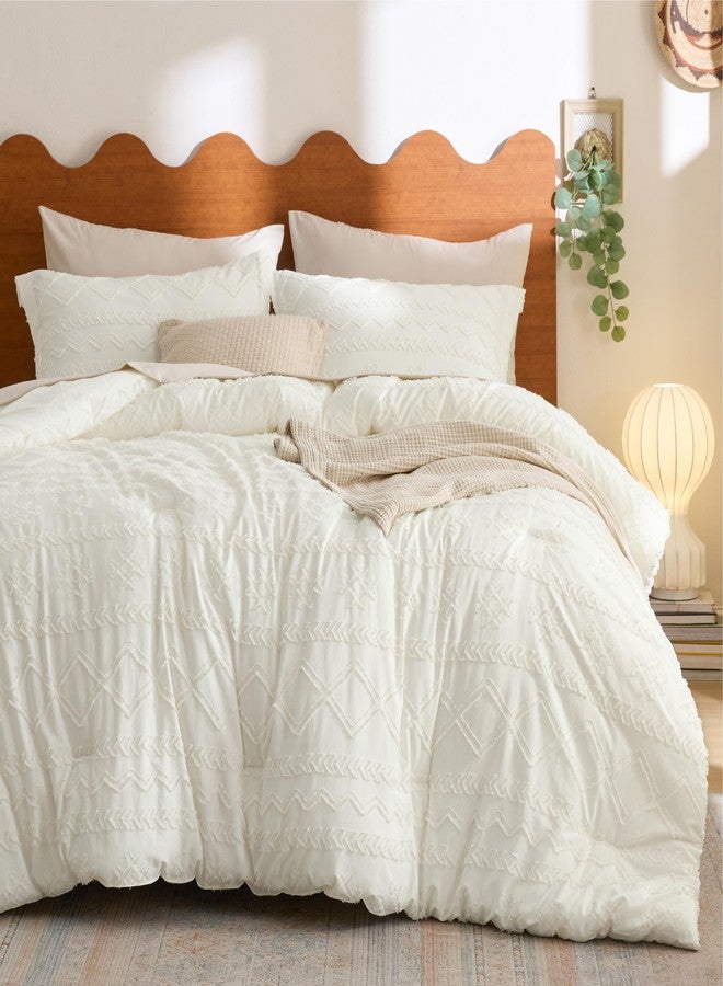 Bedsure Tufted Boho Comforter Set Queen Size - White Boho Bed Set, GentleSoft™ 3 Pieces Farmhouse Distressed Vintage, Home Decor Bedding, Gifts for Woman, Soft Jacquard Queen Comforter for All Seasons - Image 1