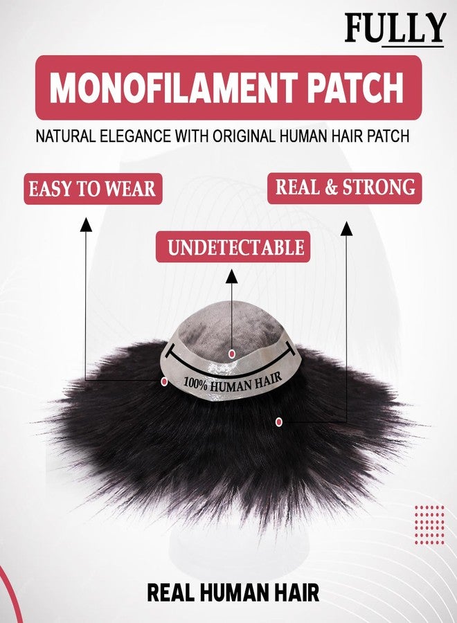 فولي رقعة شعر أحادية الخيوط بالكامل | شعر مستعار من شعر بشري | شعر مستعار من شعر بشري حقيقي للرجال والفتيان، شعر مستعار بقاعدة أحادية مع مشابك تثبيت الشعر المستعار وشريط لاصق للشعر المستعار (أسود، 10x8) - Image 2