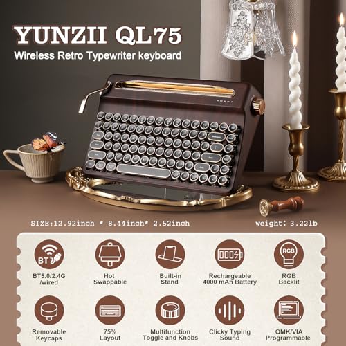 YUNZII QL75 Wireless Typewriter Hot Swap Retro Mechanical KeyboardPunk Round KeycapsRGB Backlit QMKVIA Programmable MultiDevice Keyboard with 24GHzTypeCBT50 Wood Cocoa Cream V2 Switch - Image 3