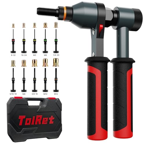 TOLRET Rivet Nut Tool Rivet Nut Kit, Rivnut Tool Kit with 10 Metric and SAE Mandrels, 100 Pcs Rivet Nuts Assortment Kit, Professional Ratchet Nutsert Tool Kit with Rugged Carrying Case, TR21 - Image 1