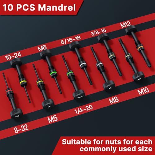 TOLRET Rivet Nut Tool Rivet Nut Kit, Rivnut Tool Kit with 10 Metric and SAE Mandrels, 100 Pcs Rivet Nuts Assortment Kit, Professional Ratchet Nutsert Tool Kit with Rugged Carrying Case, TR21 - Image 5