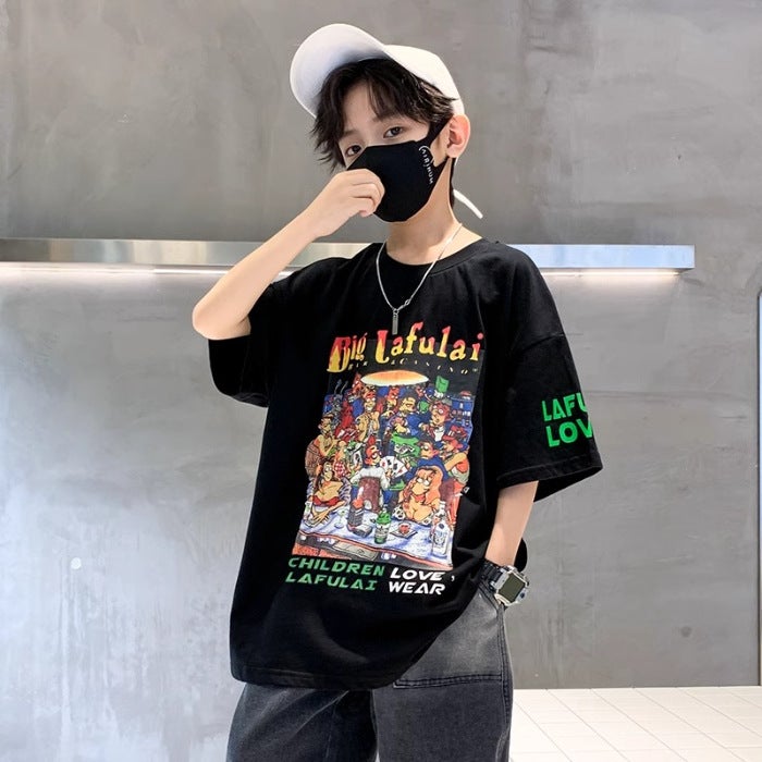 Boys Summer Short-Sleeved T-Shirt Trendy Pure Cotton Medium And Large Kidsren'S Clothing Summer Boys Half-Sleeved T-Shirt Top - Image 1
