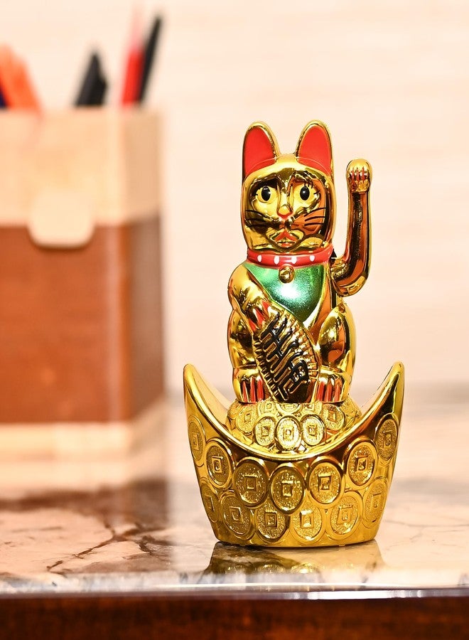ZAICUS Golden Waving Cat Figurine on Money Ingots | Feng Shui Symbol for Good Luck, Wealth, Prosperity, and Health | Decorative Cat Statue for Home & Office - Image 1