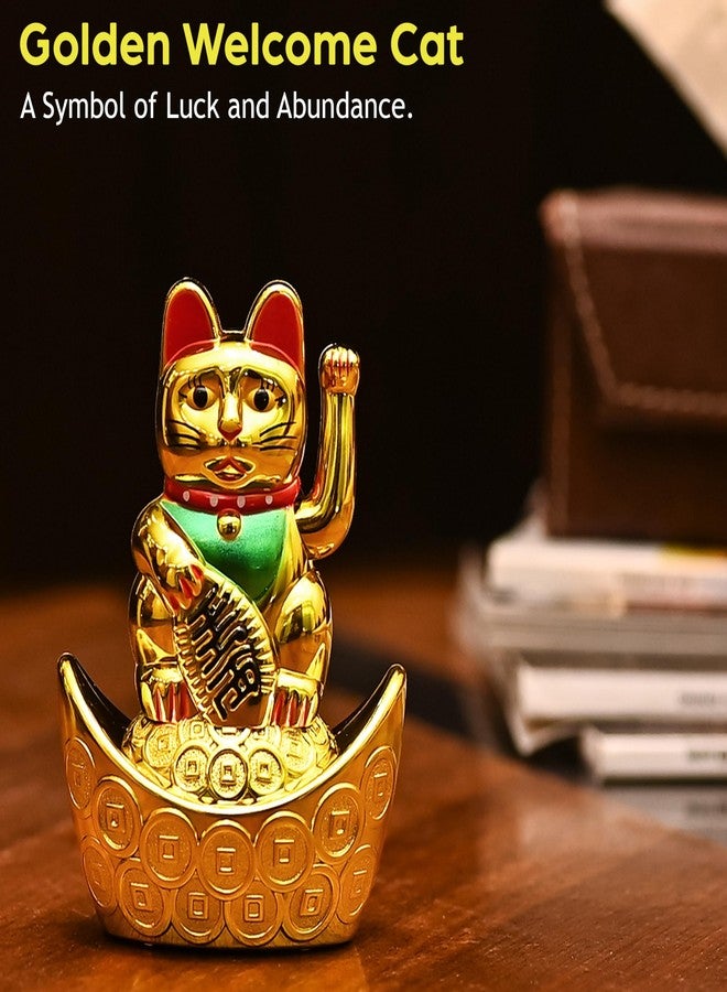 ZAICUS Golden Waving Cat Figurine on Money Ingots | Feng Shui Symbol for Good Luck, Wealth, Prosperity, and Health | Decorative Cat Statue for Home & Office - Image 4