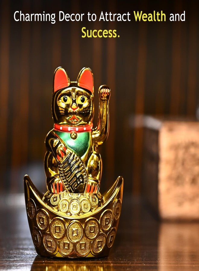 ZAICUS Golden Waving Cat Figurine on Money Ingots | Feng Shui Symbol for Good Luck, Wealth, Prosperity, and Health | Decorative Cat Statue for Home & Office - Image 5