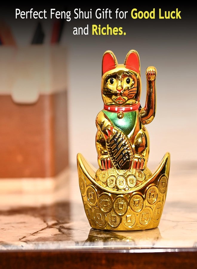 ZAICUS Golden Waving Cat Figurine on Money Ingots | Feng Shui Symbol for Good Luck, Wealth, Prosperity, and Health | Decorative Cat Statue for Home & Office - Image 3