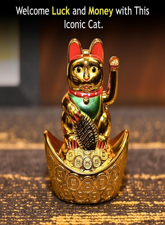 ZAICUS Golden Waving Cat Figurine on Money Ingots | Feng Shui Symbol for Good Luck, Wealth, Prosperity, and Health | Decorative Cat Statue for Home & Office - Image 2