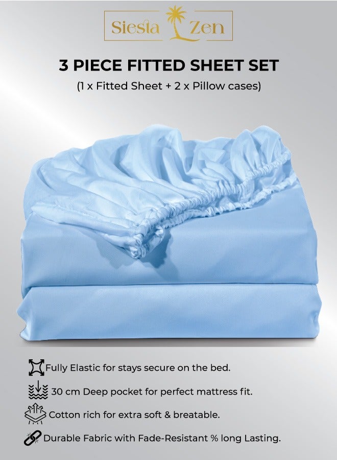 Siesta Zen™ 3 Pcs Set Premium T250 Cotton Rich Fitted Sheet Set Full Elastic 30cm Deep Pocket Fits for All, Ultra Soft, Breathable, Wrinkle Resistant (1 Fitted+2 Pillowcases) - Image 2