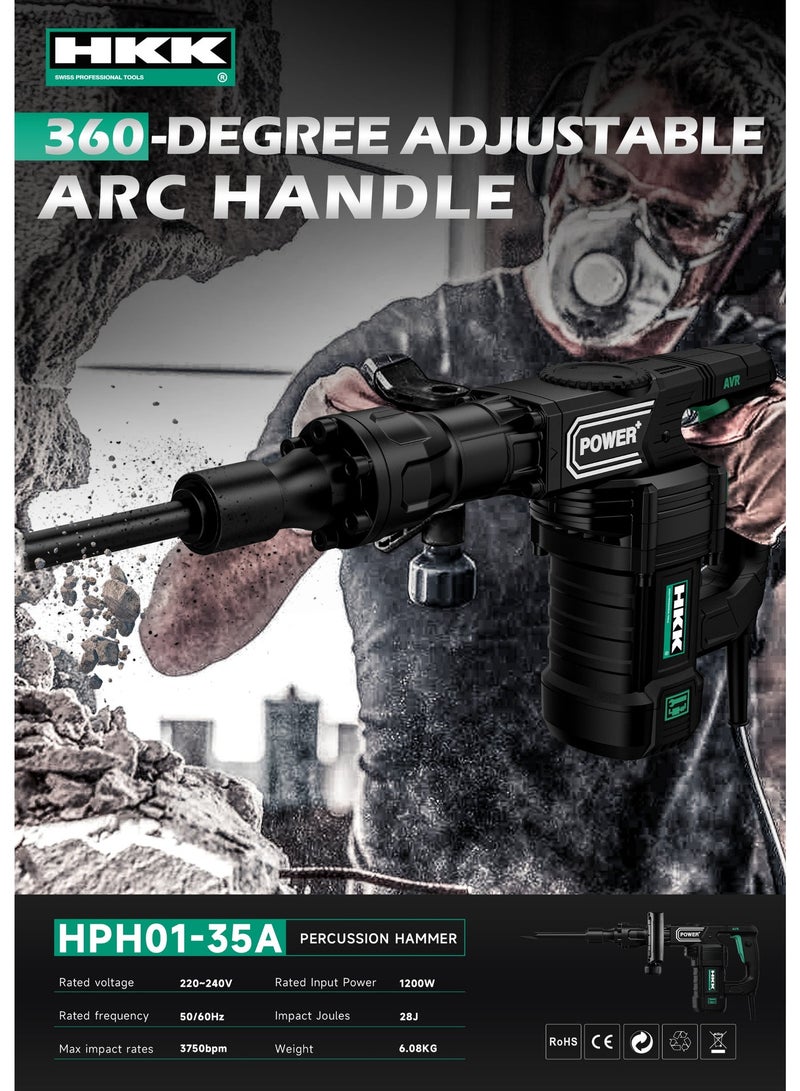 HKK 1200W Percussion Demolition Hammer, 28J High Impact Energy, 3750 Bpm Heavy-Duty Chipping Tool, Auxiliary Handle And Corded Power For Concrete Breaking And Masonry Work - Image 2