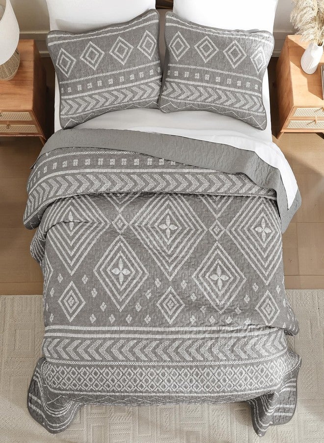 Yiran Queen Size Quilt Grey, Boho Summer Stripe Bedspreads Bedding Set, Aztec Bohemian Farmhouse Lightweight Coverlet Set with 2 Shams for Bed 96x90 Inch - Image 4