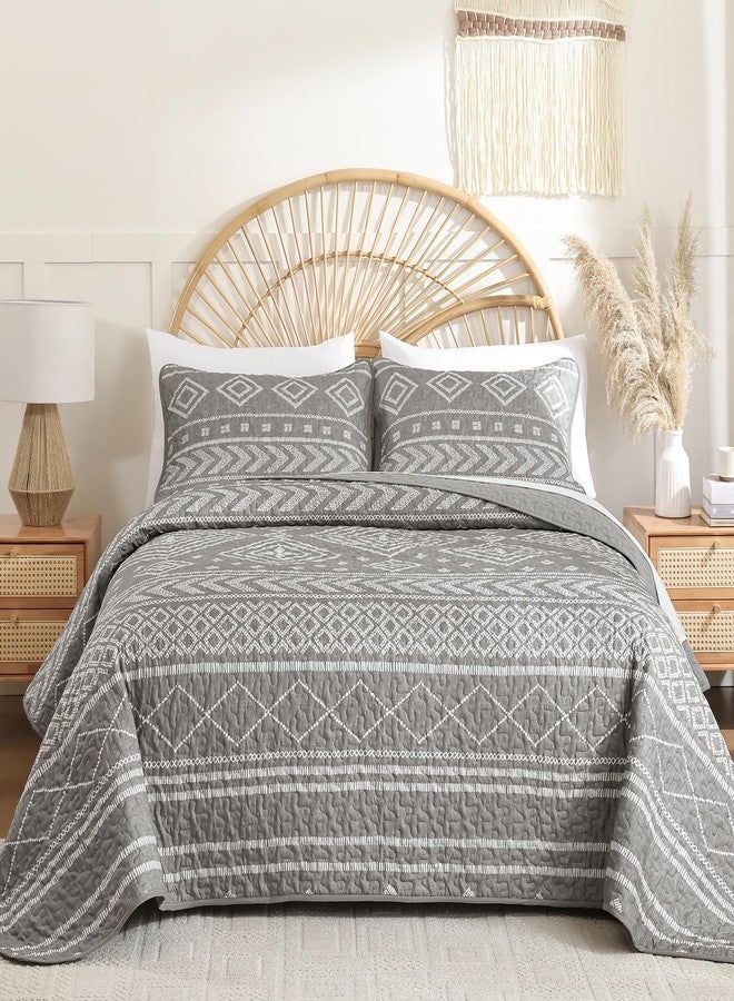 Yiran Queen Size Quilt Grey, Boho Summer Stripe Bedspreads Bedding Set, Aztec Bohemian Farmhouse Lightweight Coverlet Set with 2 Shams for Bed 96x90 Inch - Image 2