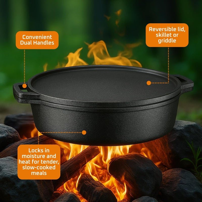 Bruntmor 6.8 Quart Cast Iron Skillet with Reversible Grill Griddle Lid - 3-in-1 Round Cast Iron Pan for Frying, Grilling, Dutch Oven Cooking - Roasting Pan with Lid, Camping Cookware, Black - Image 4