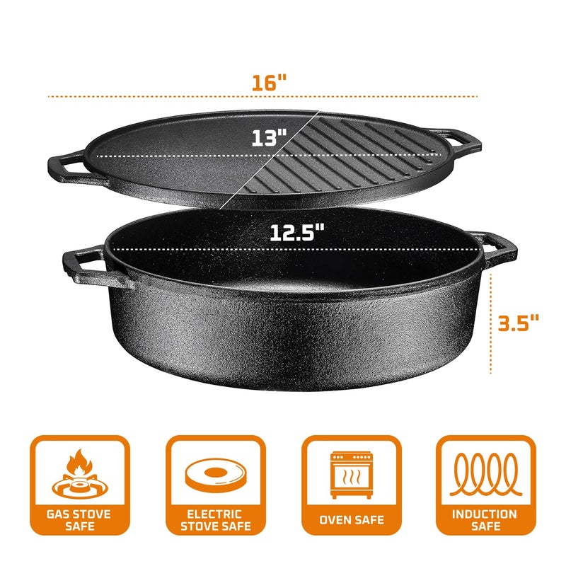 Bruntmor 6.8 Quart Cast Iron Skillet with Reversible Grill Griddle Lid - 3-in-1 Round Cast Iron Pan for Frying, Grilling, Dutch Oven Cooking - Roasting Pan with Lid, Camping Cookware, Black - Image 3