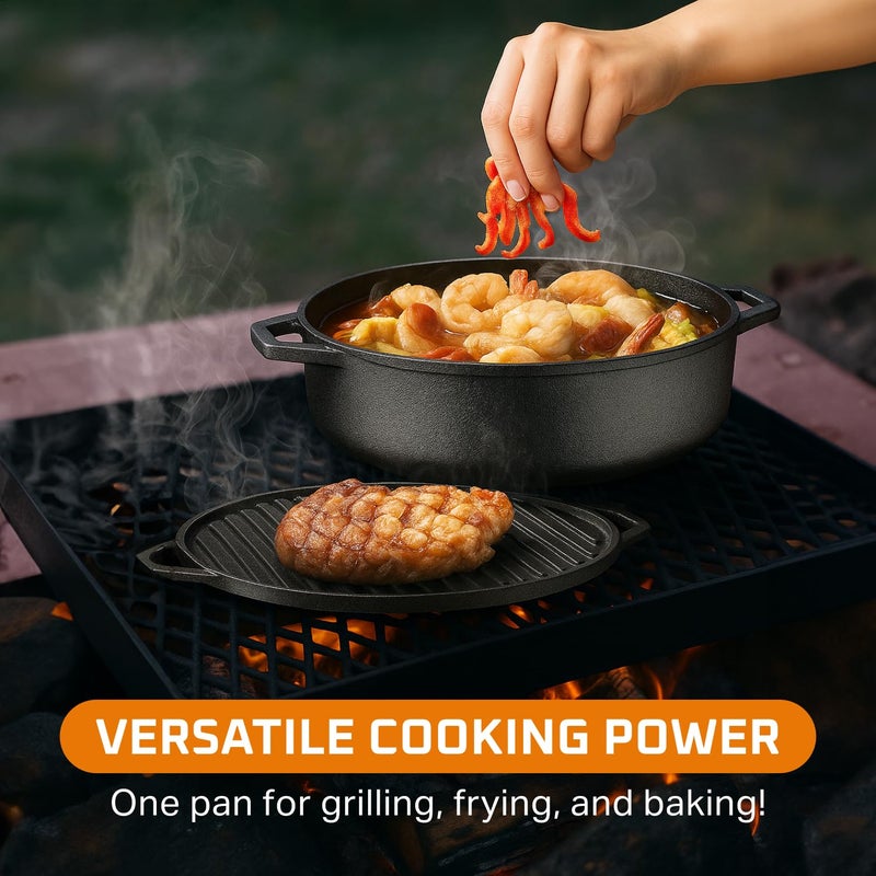 Bruntmor 6.8 Quart Cast Iron Skillet with Reversible Grill Griddle Lid - 3-in-1 Round Cast Iron Pan for Frying, Grilling, Dutch Oven Cooking - Roasting Pan with Lid, Camping Cookware, Black - Image 2