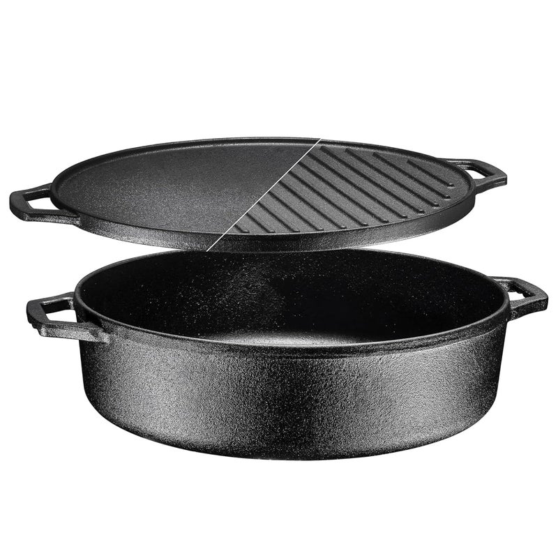 Bruntmor 6.8 Quart Cast Iron Skillet with Reversible Grill Griddle Lid - 3-in-1 Round Cast Iron Pan for Frying, Grilling, Dutch Oven Cooking - Roasting Pan with Lid, Camping Cookware, Black - Image 1