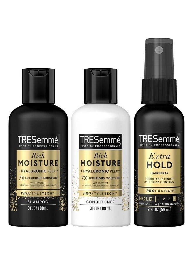 TRESemmé TRESemmé Travel Shampoo, Conditioner & Hairspray - Rich Moisture Hair Products + Non-Aerosol Hair Spray, 24H Frizz Control (3 Piece Set)  - Image 1
