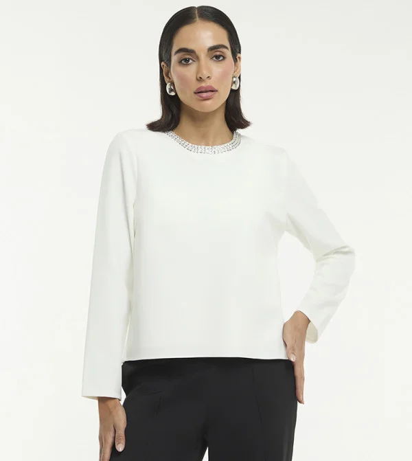 بي سي بي جي BCBG EMBELLISHED NECK SHORT SLEEVES CREPE BLOUSE