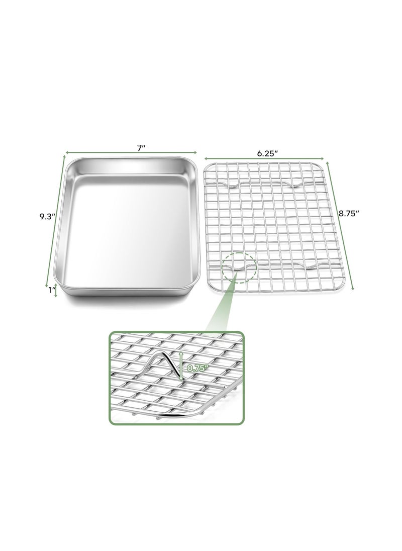 TeamFar TeamFar Toaster Oven Pan with Rack Set, 9’’ x 7’’ x 1’’ Stainless Steel Compact Toaster Oven Small Baking Pan Tray with Mini Cooling Grid Rack, Healthy & Heavy-Duty, Dishwasher & Oven Safe, 2pcs  - Image 2