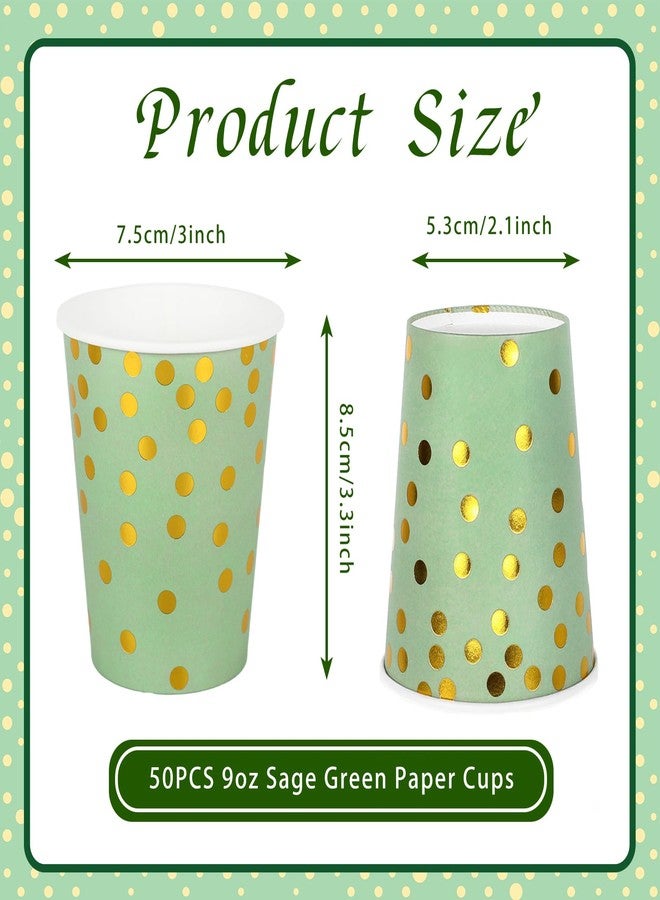 Whaline أكواب ورقية خضراء حكيم من وايلين 50 قطعة مع نقاط ورقية ذهبية 9 أونصات أكواب قهوة قابلة للتصرف للمشروبات الباردة والساخنة لزفاف العروس لوازم الحفلات - Image 2