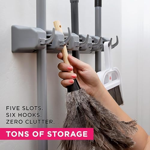 Dargoba Polypropylene Broom Holder Wall Mounted,Mop Holder For Wall,Broom Stick Holder Wall Mounted Stand,Storage Broomstick Brush Mount Organizer With Hanger Hooks(5 Slot 6 Hooks)- Grey - Image 2