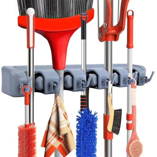 Dargoba Polypropylene Broom Holder Wall Mounted,Mop Holder For Wall,Broom Stick Holder Wall Mounted Stand,Storage Broomstick Brush Mount Organizer With Hanger Hooks(5 Slot 6 Hooks)- Grey - Image 1