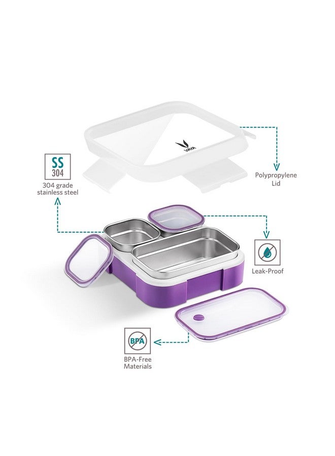 VAYA TYDBYT Lunchbox, Stainless Steel Bento Lunch Box with 3 Leakproof Compartments - Ideal for Kids, Office, and School Use, Color - Purple - Image 3