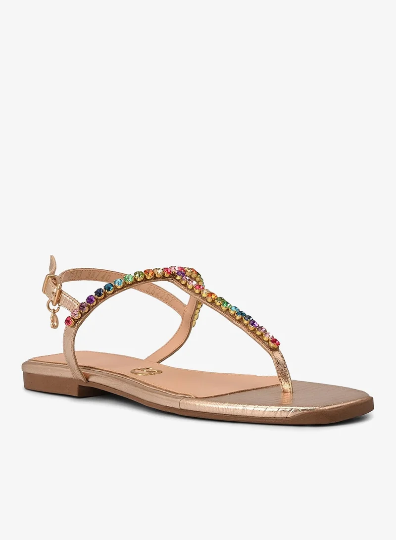 Carmen Steffens Golden Flat Sandal with Crystals