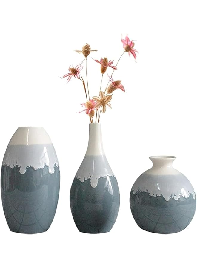 Ceramic Vase Set Of 3 Small Vases For Home Decor Unique Modern Flower Vases Decorative Vases For Living Room Centerpieces Rustic Farmhouse Mantel Entryway Table Shelf Decoration Blue