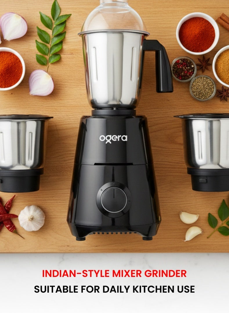 أوجيرا Indian خلاط ومطحنة 550 واط | تحكم بثلاث سرعات مع خاصية النبض | عدة أوعية من الستانلس ستيل | طحن قوي للتوابل والصلصات (الشَتني) | تصميم مطبخ مدمج | OG5008GM أسود - Image 3