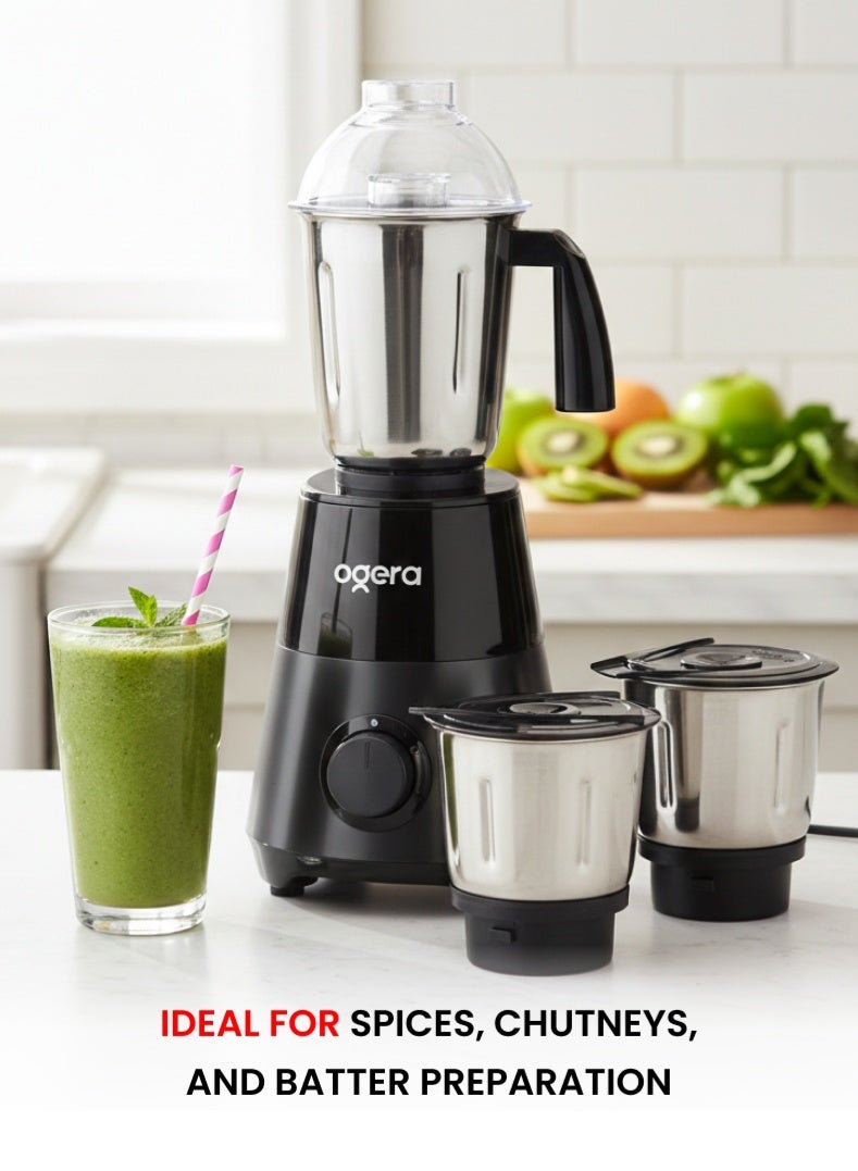أوجيرا Indian خلاط ومطحنة 550 واط | تحكم بثلاث سرعات مع خاصية النبض | عدة أوعية من الستانلس ستيل | طحن قوي للتوابل والصلصات (الشَتني) | تصميم مطبخ مدمج | OG5008GM أسود - Image 5