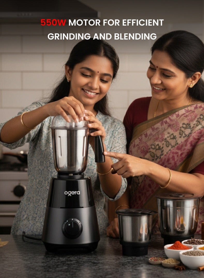 أوجيرا Indian خلاط ومطحنة 550 واط | تحكم بثلاث سرعات مع خاصية النبض | عدة أوعية من الستانلس ستيل | طحن قوي للتوابل والصلصات (الشَتني) | تصميم مطبخ مدمج | OG5008GM أسود - Image 2