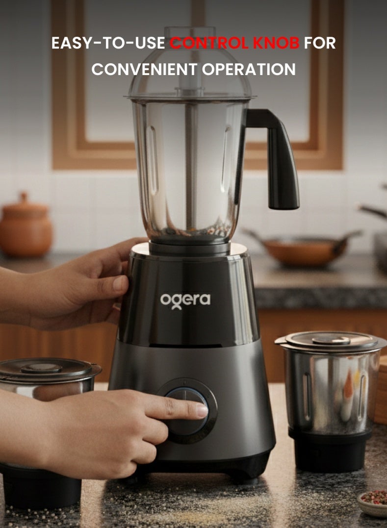 أوجيرا Indian خلاط ومطحنة 550 واط | تحكم بثلاث سرعات مع خاصية النبض | عدة أوعية من الستانلس ستيل | طحن قوي للتوابل والصلصات (الشَتني) | تصميم مطبخ مدمج | OG5008GM أسود - Image 4