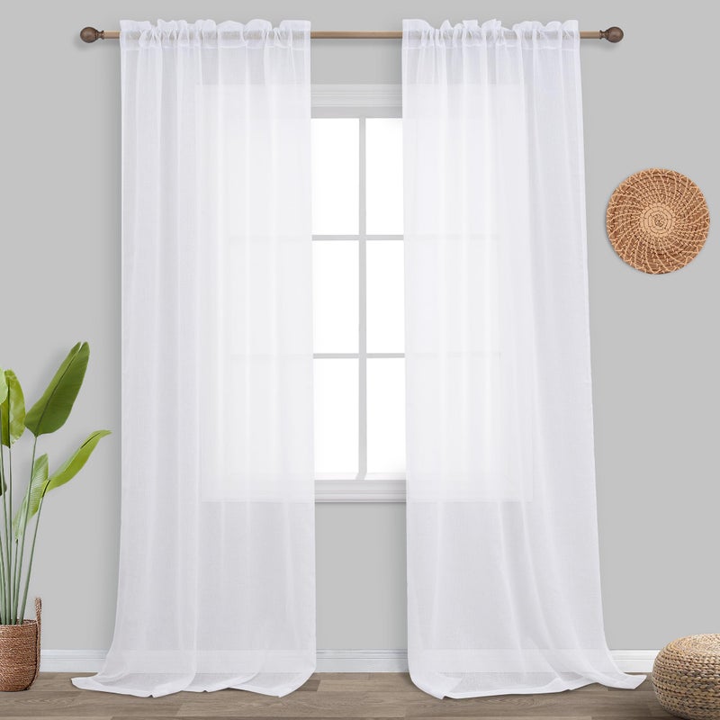 KOUFALL White Sheer Curtains 96 Inches Long 2 Panel Set Drapery Faux Linen Rod Pocket Shabby Chic Curtains for Bedroom Living Room 96 Inch Length