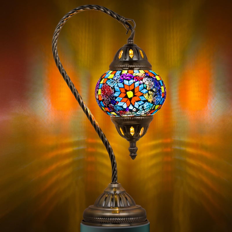 Marrakech Tiffany Style Stained Glass Table Lamp, Handmade Turkish Moroccan Mosaic Glass Lamp with Swan Neck Bronze Base, LED Bulb Included, Vintage Beside Lamp for Bedroom Decoration (Colorful1) - Image 1