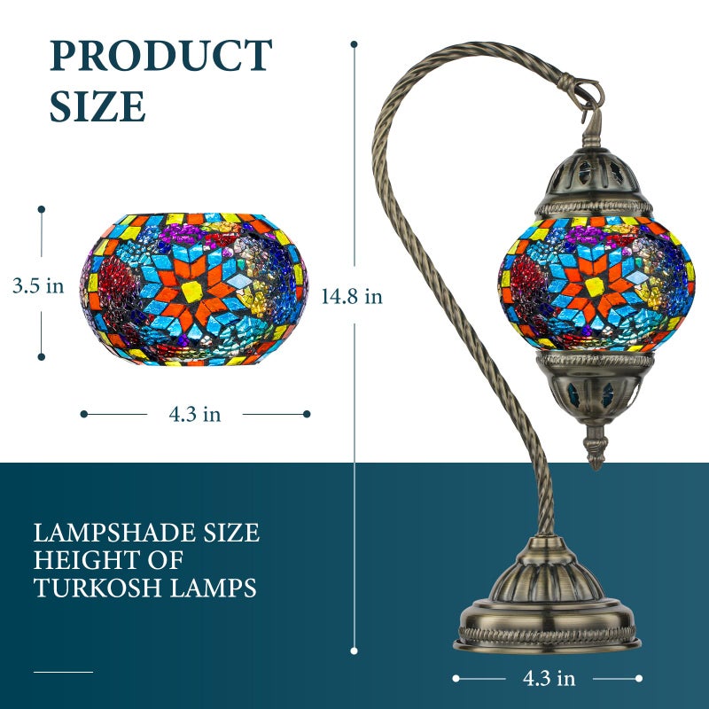 Marrakech Tiffany Style Stained Glass Table Lamp, Handmade Turkish Moroccan Mosaic Glass Lamp with Swan Neck Bronze Base, LED Bulb Included, Vintage Beside Lamp for Bedroom Decoration (Colorful1) - Image 3