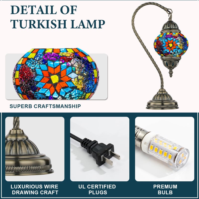 Marrakech Tiffany Style Stained Glass Table Lamp, Handmade Turkish Moroccan Mosaic Glass Lamp with Swan Neck Bronze Base, LED Bulb Included, Vintage Beside Lamp for Bedroom Decoration (Colorful1) - Image 4