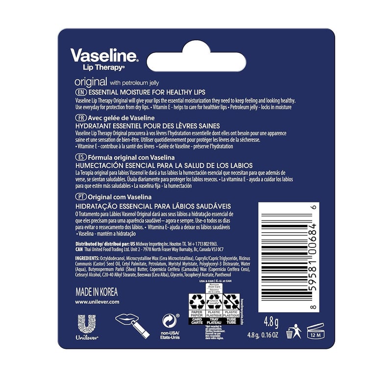 Vaseline Lip Therapy Care Original FastActing Nourishment Ideal for Chapped Dry Cracked or Damaged Lips Lip Balm 016 Ounce Pack of 4 - Image 5