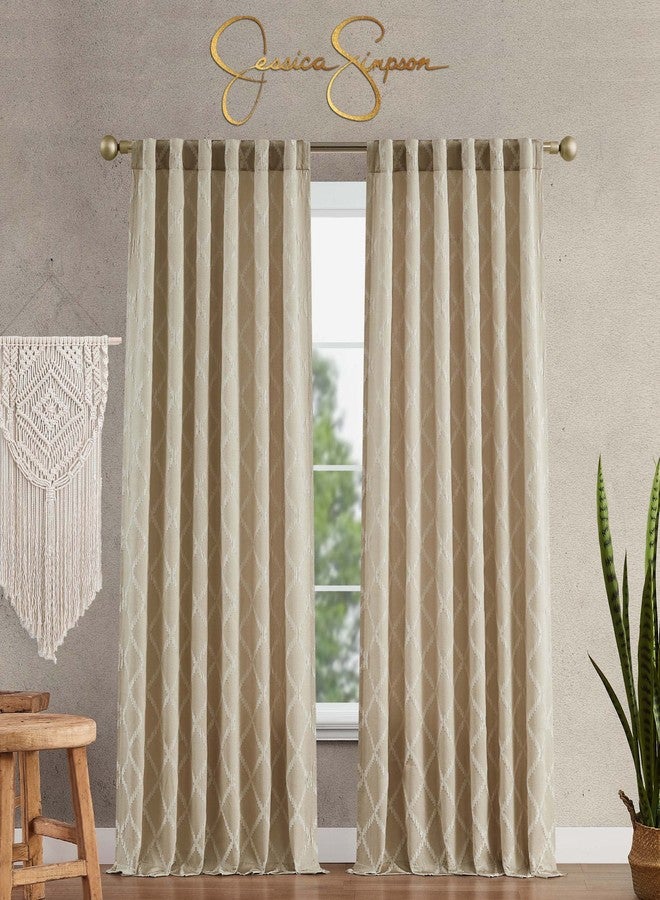 Jessica Simpson - Lynee Textured Diamond Patterned Ultimate Blackout Curtains | Set of 2 Panels and 2 Tiebacks | Privacy Drapes | Stylish Pocket Back-Tab Header | 52" x 84" | Beige - Image 1