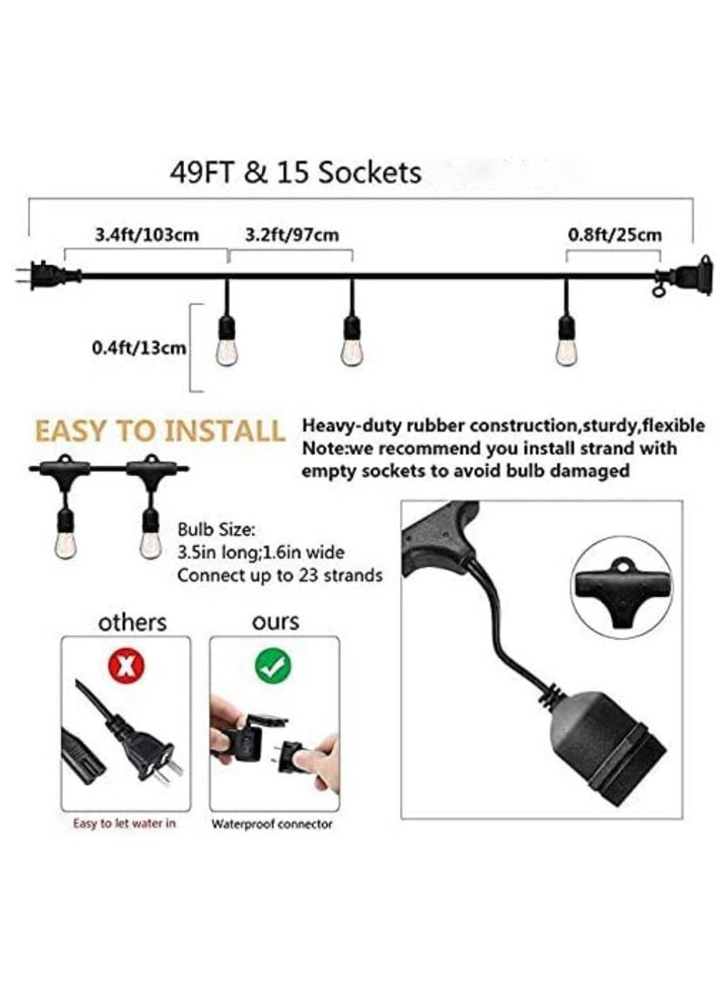 Scrolls Patio String Lights,51Ft/15M Led String Lights Outdoor 15- E27 Plastic Edison Bulbs,Warm White String Lights Outdoor,IP65 Waterproof Hanging Light Strings for Wedding Patio Indoor Outdoor Party Garden - Image 2