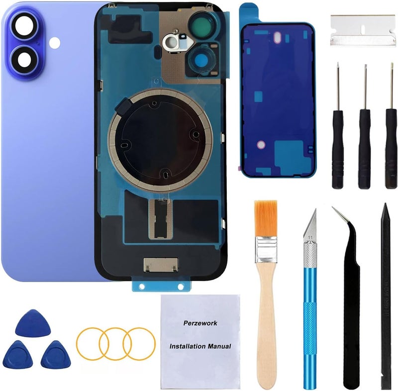 Perzework OEM Rear Back Glass Replacement for iPhone 16 6.1-inches + Pre-Installed Plate and Camera Frame and Lens + Reparing Tool Kit (Ultramarine) - Image 1