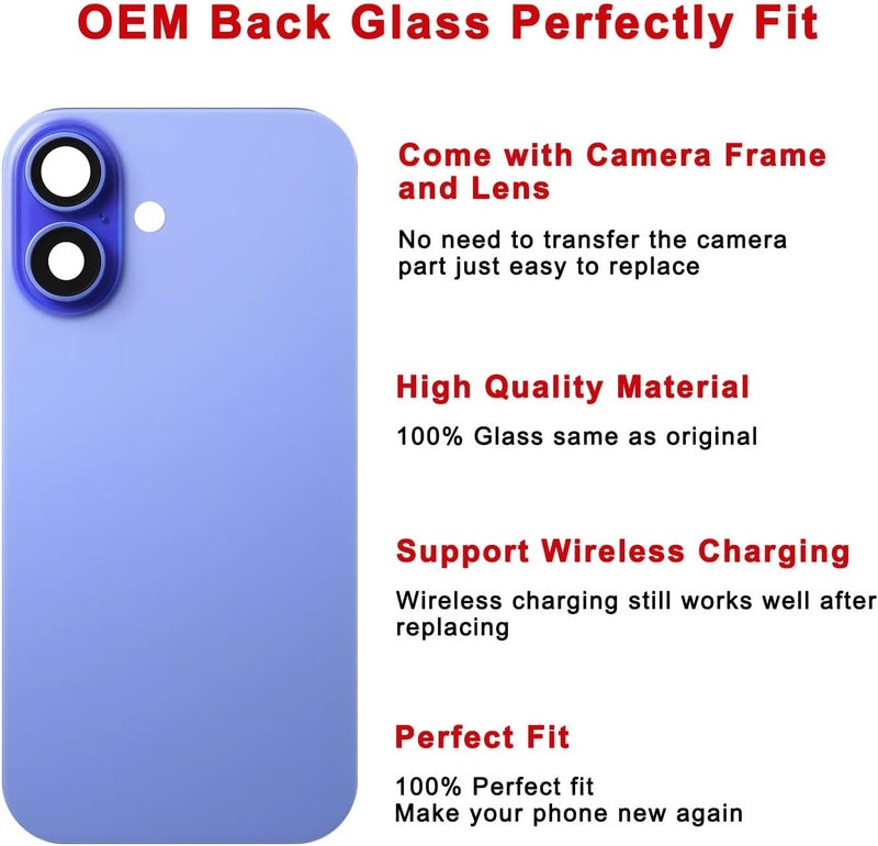 Perzework OEM Rear Back Glass Replacement for iPhone 16 6.1-inches + Pre-Installed Plate and Camera Frame and Lens + Reparing Tool Kit (Ultramarine) - Image 3