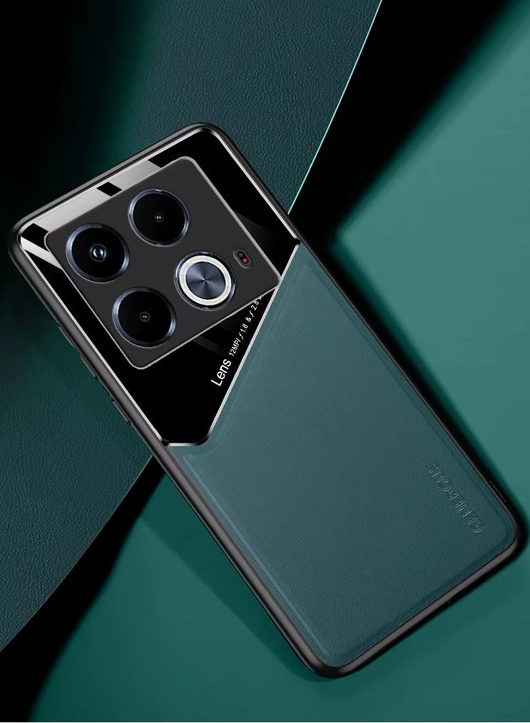 Case Compatible With Infinix Note 40 4G, Cover Luxury Leather And Glass With Car Magnetic Holder Phone Cover Soft Frame Silicone - Green - Image 1