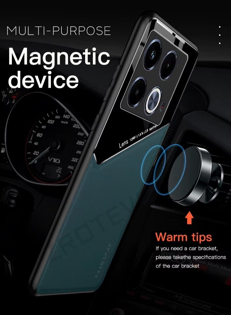 Case Compatible With Infinix Note 40 4G, Cover Luxury Leather And Glass With Car Magnetic Holder Phone Cover Soft Frame Silicone - Green - Image 2