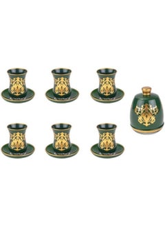 Green Glass Tea Cup Set with Gold 14 Pieces