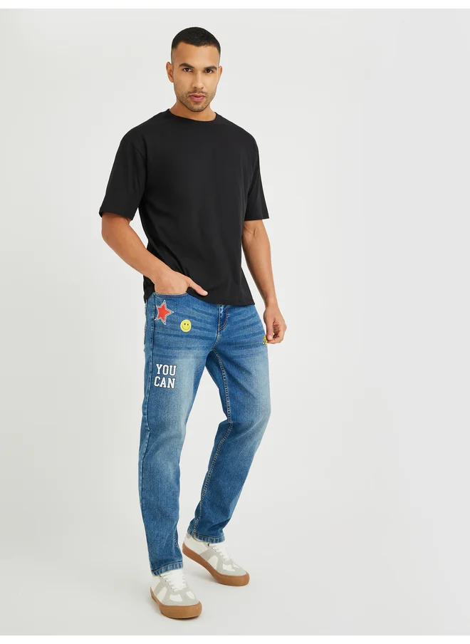 Styli Styli Regular Fit Faded Jeans with Printed Detail