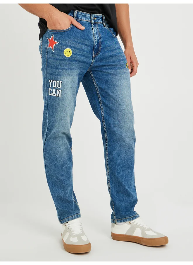 Styli Styli Regular Fit Faded Jeans with Printed Detail